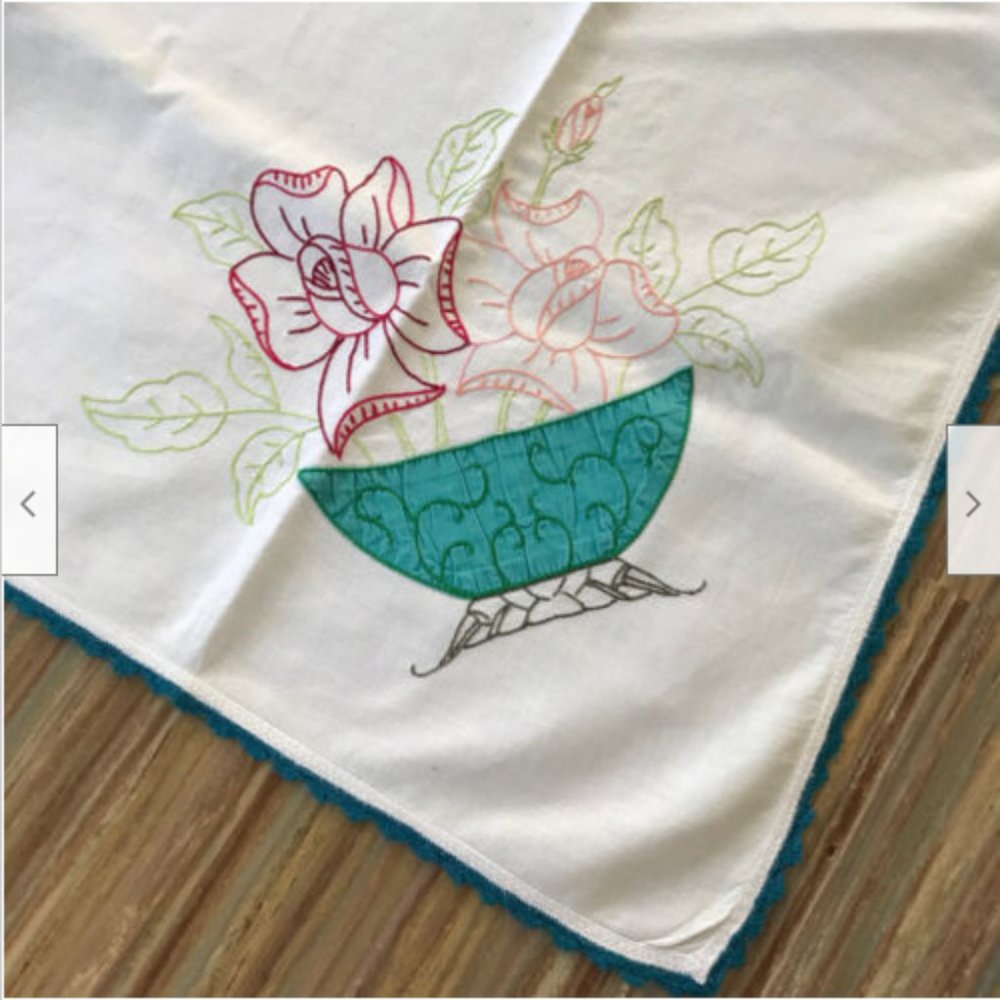 Hand Embroidered Flower Basket Tablecloth White w/ Teal Crochet Edging 35"
